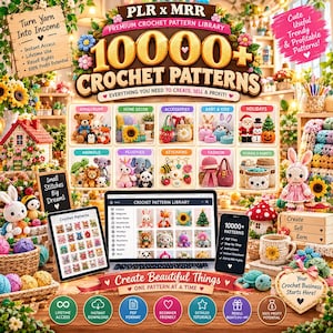 May include: A digital collection of 10,000+ crochet patterns displayed on a laptop and tablet screen, featuring categories like amigurumi, home decor, and accessories. The image includes text such as PLR x MRR Premium Crochet Pattern Library.