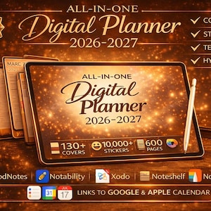 Può includere: Planner digitale per il 2026-2027 con copertine, adesivi, modelli e collegamenti ipertestuali. L'immagine mostra un tablet con la scritta "All-in-One Digital Planner 2026-2027". Include oltre 130 copertine, 10.000+ adesivi e 600 pagine.