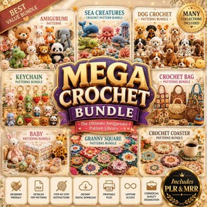 Complete crochet pattern mega collection with 10000+ digital PDF patterns, organized categories, cute amigurumi, plushies, animals, dolls, and seasonal designs.