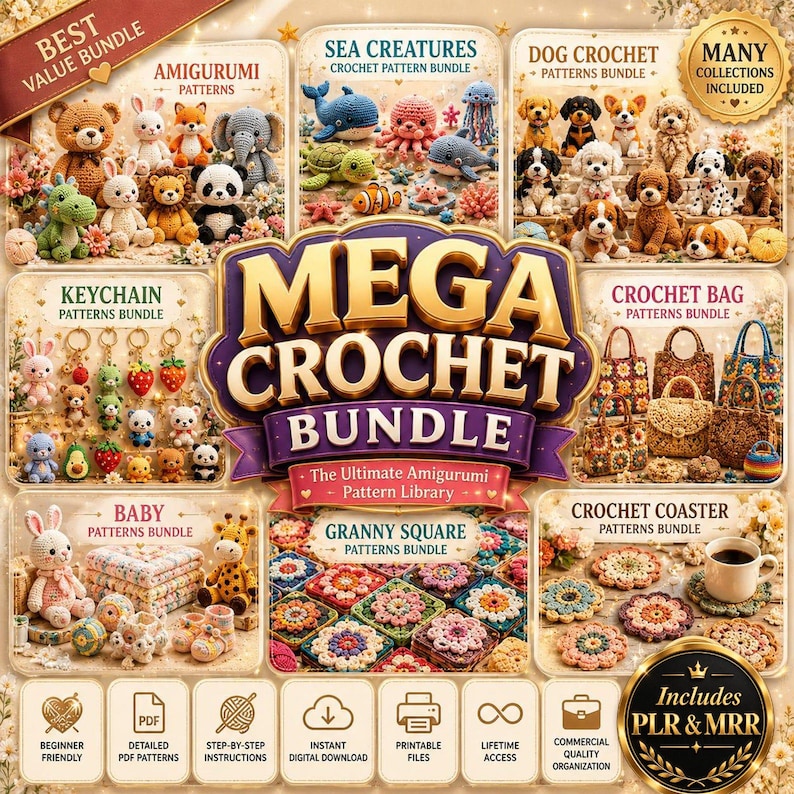 Complete crochet pattern mega collection with 10000+ digital PDF patterns, organized categories, cute amigurumi, plushies, animals, dolls, and seasonal designs.