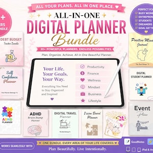 May include: An all-in-one digital planner bundle with over 20 planners, including website, debt budget, and self-confidence planners. The bundle includes a tablet with a stylus, and the text reads "Your Life, Your Goals, Your Way."