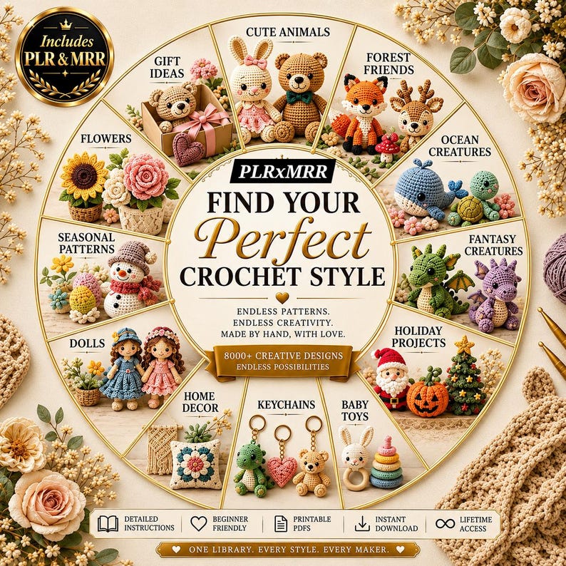Massive amigurumi PDF bundle with thousands of crochet designs for plush toys, cute animals, handmade gifts, creative projects, and crochet lovers.
