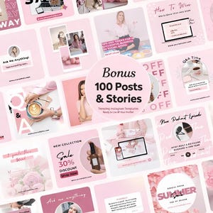 Luxury pink aesthetic Instagram templates mockup showing faceless feminine stock photos, social media branding kit, Canva editable posts and stories for influencers, coaches, and Etsy sellers