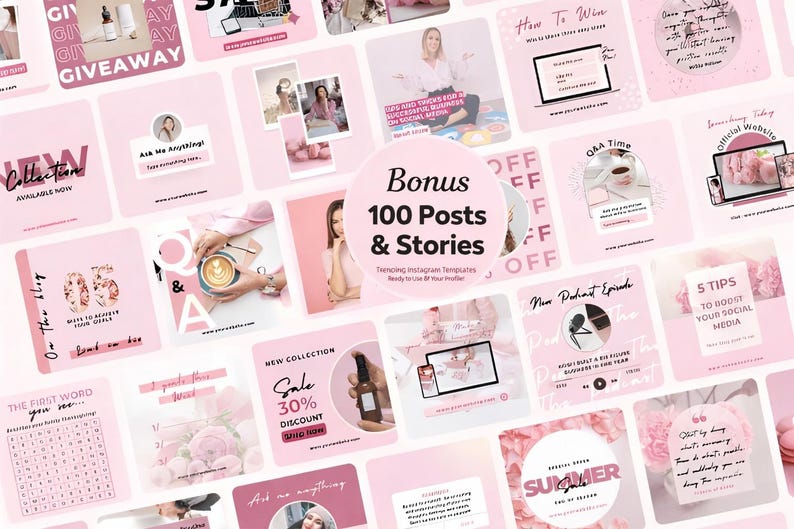 Luxury pink aesthetic Instagram templates mockup showing faceless feminine stock photos, social media branding kit, Canva editable posts and stories for influencers, coaches, and Etsy sellers