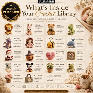 Large crochet PDF pattern collection with adorable animal amigurumi, bunny, bear, cat, dinosaur, and plush toy crochet patterns for creative makers.