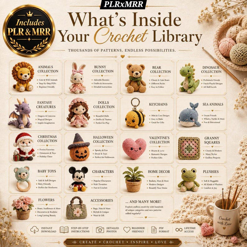 Large crochet PDF pattern collection with adorable animal amigurumi, bunny, bear, cat, dinosaur, and plush toy crochet patterns for creative makers.