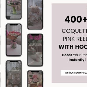 Pink coquette aesthetic stock photo bundle preview with Instagram reels, posts, and story templates, soft girly branding visuals, editable Canva designs with PLR MRR license included