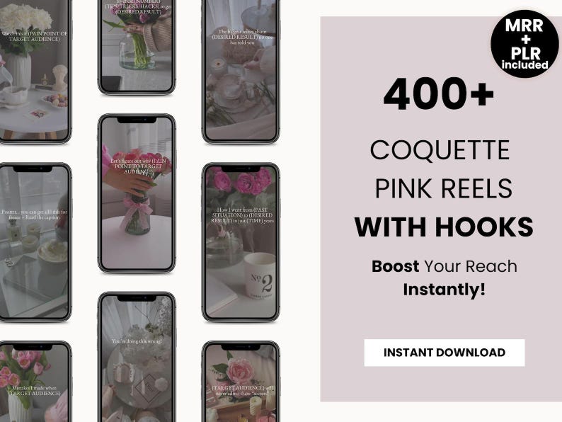 Pink coquette aesthetic stock photo bundle preview with Instagram reels, posts, and story templates, soft girly branding visuals, editable Canva designs with PLR MRR license included
