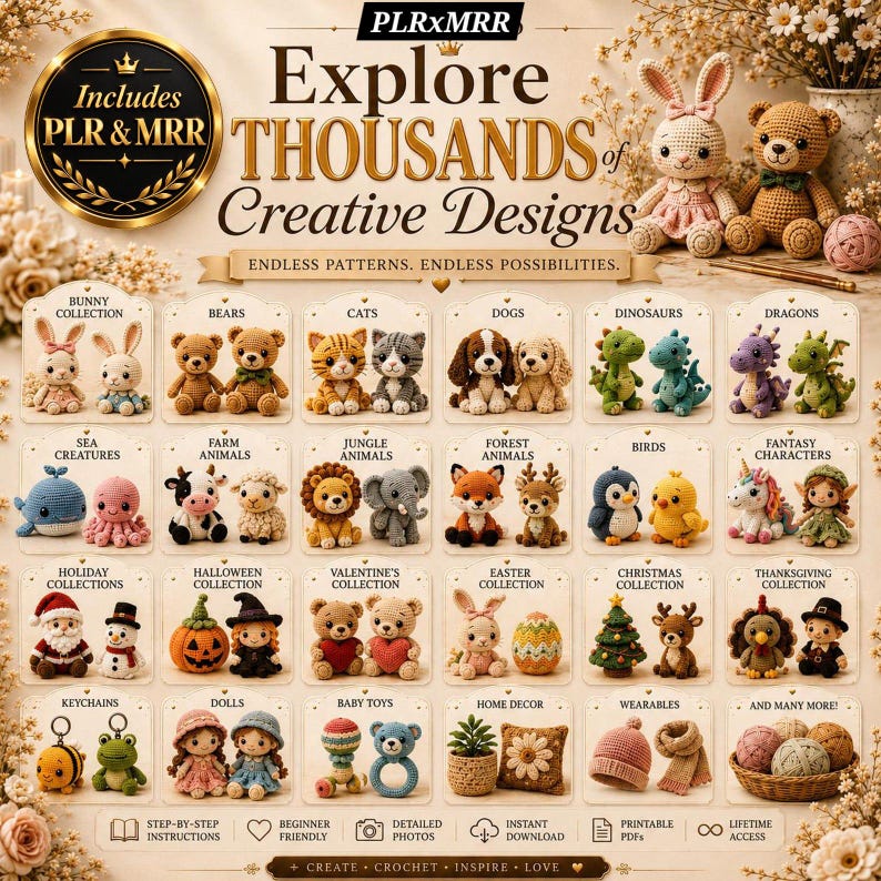 Organized crochet pattern library with 10000+ printable PDF designs covering animals, amigurumi, plush toys, baby crochet, home decor, and more.