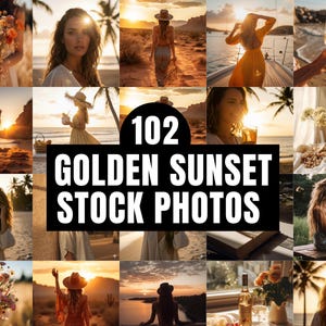 Golden Sunset Hour Stock Photos Boho Aesthetics | Faceless Feminine Golden Sunset Glow Images | PLR MRR Soft Dusk Sun Kissed Amber Light