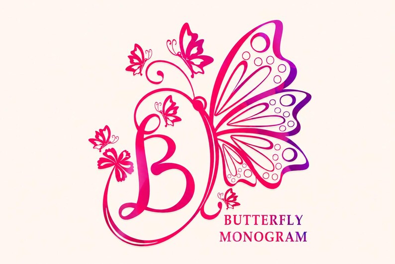 Feminine butterfly monogram script font featuring decorative ornaments, elegant calligraphy lettering, and floral-inspired initials for luxury logos, branding, packaging, and boutique business designs.