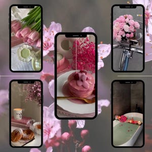 Pink aesthetic stock photo bundle display highlighting feminine faceless images, editable Canva designs for posts, stories, websites, and digital downloads