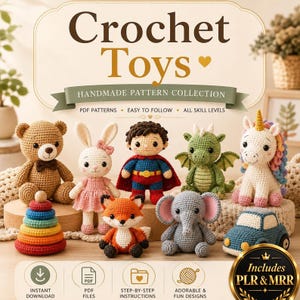 Mega amigurumi crochet bundle with printable PDF patterns, cute animal designs, fantasy characters, plush toys, beginner projects, and advanced creations.