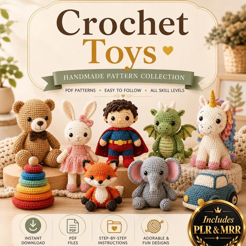 Mega amigurumi crochet bundle with printable PDF patterns, cute animal designs, fantasy characters, plush toys, beginner projects, and advanced creations.