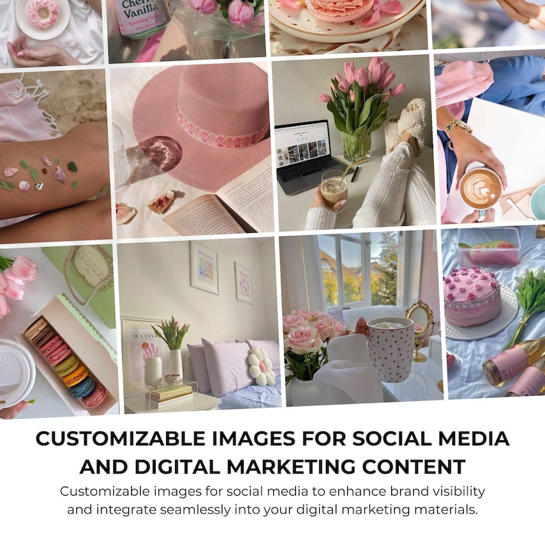 Feminine pink aesthetic Canva stock photos mockup created for influencers and small businesses, featuring elegant Instagram visuals with PLR MRR license