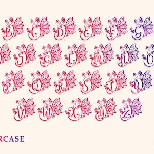Elegant script calligraphy font with butterfly monogram details and decorative swashes, ideal for Cricut and Canva projects, personalized gifts, stickers, shirts, cards, and feminine DIY designs.