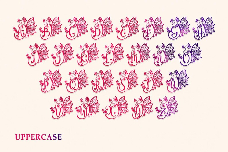 Elegant script calligraphy font with butterfly monogram details and decorative swashes, ideal for Cricut and Canva projects, personalized gifts, stickers, shirts, cards, and feminine DIY designs.
