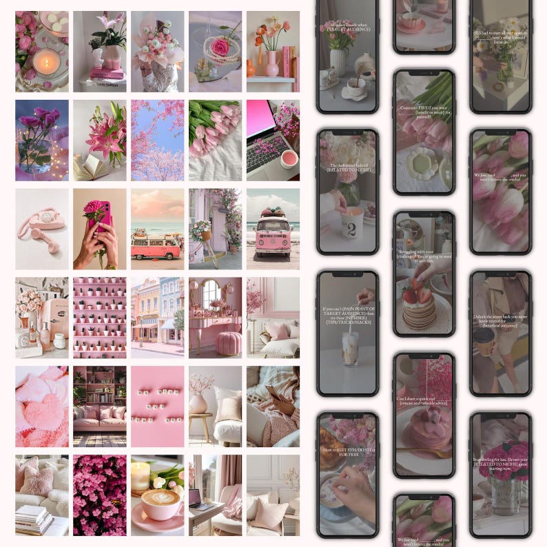 Pink aeathetic images and reels bundle featuring feminine pink aesthetic stock photos for posts and stories, ideal for influencers, bloggers and small business.