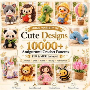 10000+ PLR MRR Mega Amigurumi Virkmönster Bundle | Mönster för söta plyschdjur i PDF-format | Virkmönster för nybörjare, leksaker | Direktnedladdning
