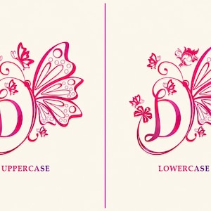 Decorative butterfly monogram font with beautiful floral initials, charming ornaments, and elegant script lettering for personalized stationery, monograms, greeting cards, invitations, and feminine crafts.