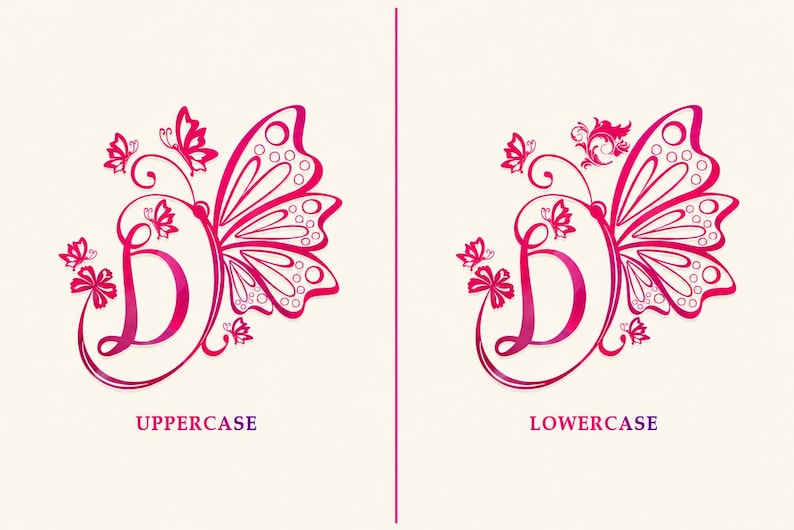 Decorative butterfly monogram font with beautiful floral initials, charming ornaments, and elegant script lettering for personalized stationery, monograms, greeting cards, invitations, and feminine crafts.