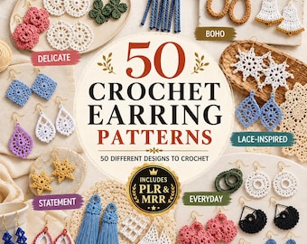 50 PLR MRR Crochet Earrings Patterns | Crochet Jewelry Pattern Bundle PDF | Boho Lace Floral Earrings Diy Digital Download Resell Rights
