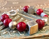 Red Coral Aquamarine gemstones bracelet, semi-precious stones bracelet, silver nuggets bracelet