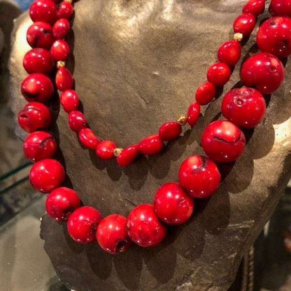 Conjunto de collares de coral rojo, collar de declaración, collar de piedras rojas, collar de piedras preciosas, collar de corales con cuentas, joyería de declaración.