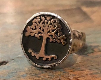 Silver Bronze Ring, Tree of Life Ring, Coin Ring, Oxidized Silver Ring, Carved Tree Ring, Mixed metals Ring, Nature ring, unisex ring