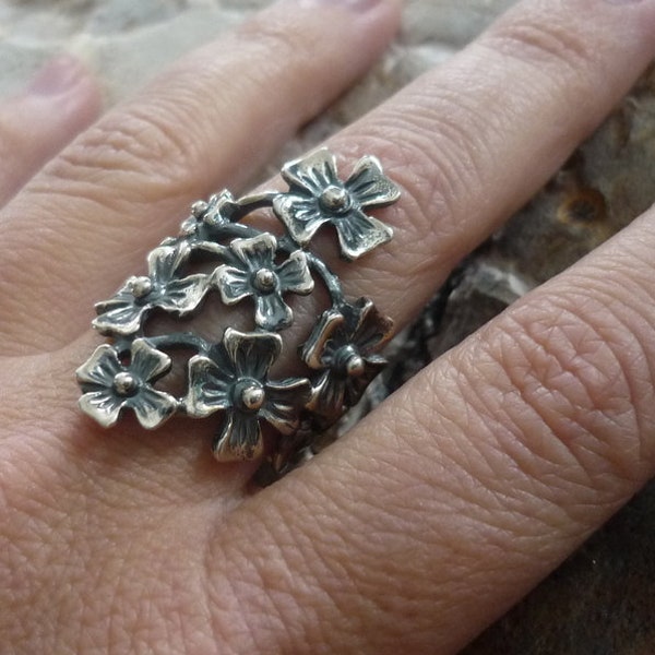 Sterling Silver Floral Ring, Wide Ring, Chunky Ring, Organic Ring, Woodland Botanical Ring, Silver Flowers, Long Ring #199