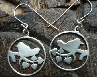 Bird Earrings, Bird on a Branch, Dangle Silver Earrings, Nature Earrings, Round Earrings.