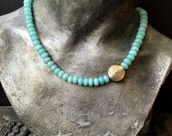 Blue jade Necklace, Turquoise Jade gold Necklace, statement jade Necklace, Natural Gemstone necklace, evening necklace, beaded necklace