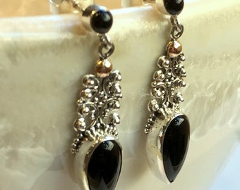 Black onyx earrings, Sterling Silver dangle earrings, teardrop shaped earrings, filigree earrings, long black stone earrings EG693X-L