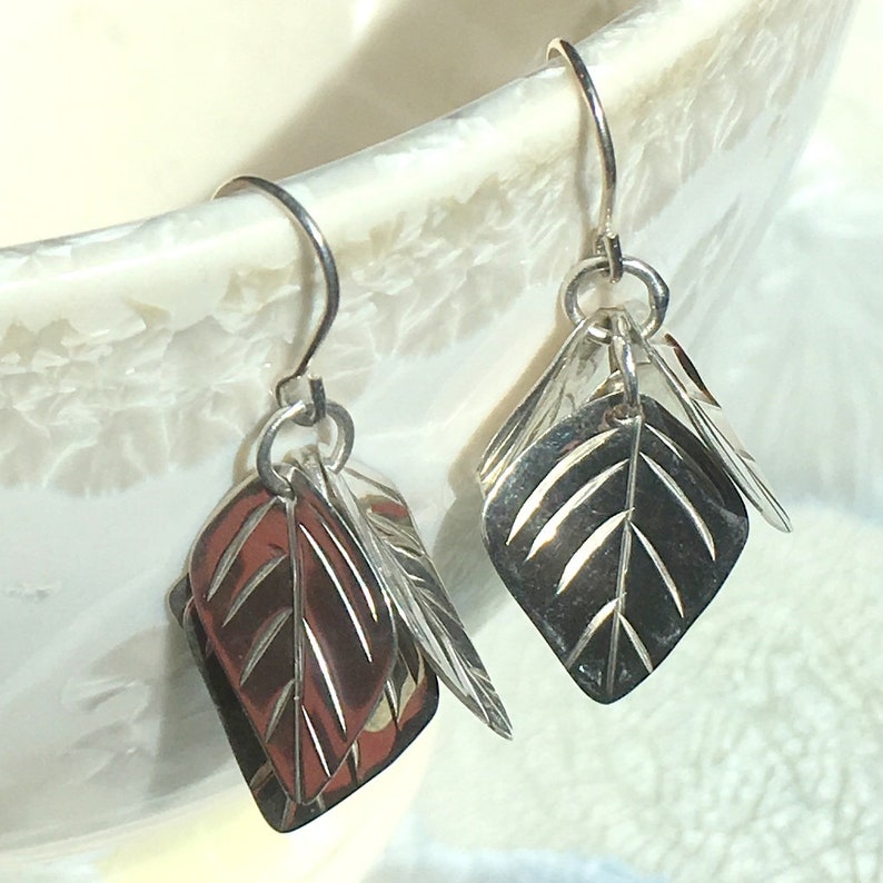 Leaf Earrings, Botanical earrings, Sterling silver Earrings, Woodland Silver Earrings, Autumn Jewelry, Leaf Shape Earring, Leaves Shape. image 8