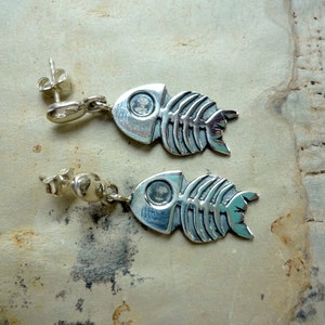 Fish Bone earrings, Sterling Silver earrings, Dangle Earrings, Animal Shape Earrings, Silver Fish Earrings, Funky Funny Cool Silver Earrings