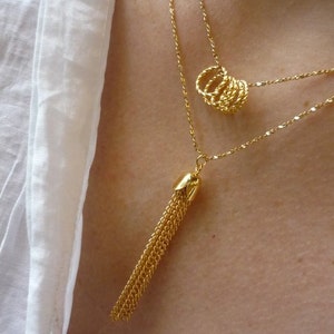 Gold Tassel necklace, Brushed Gold Plated Necklace, Fine Golden Cable Necklace, Gold Plated Chain, Elegant Necklace. image 1