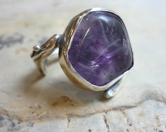 Amethyst Ring, Sterling Silver Ring, Wide Organic Ring, Natural Gemstone, Silver Stone Ring, Cocktail Ring, Purple Ring, Statement Ring.