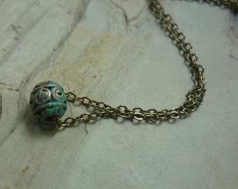 Green Patina Necklace, Tiny Patina Brass Bead Pendant, Fine Brass Chain, Small Bead Pendant, Stacking, Casual Necklace, Dainty Necklace.