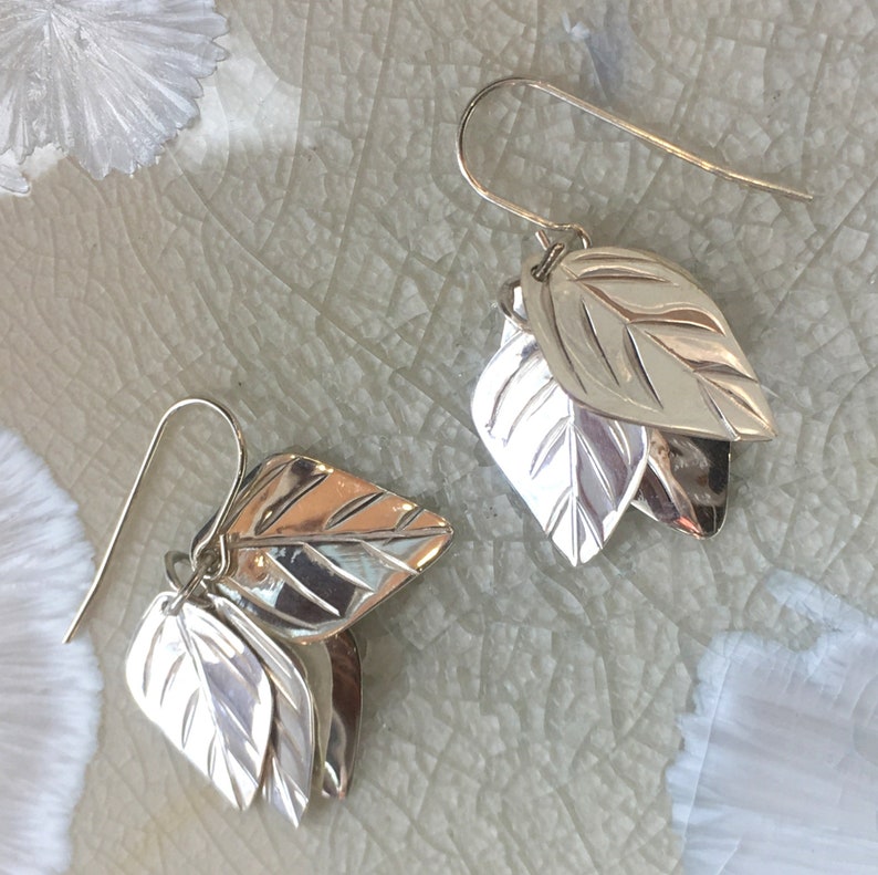 Leaf Earrings, Botanical earrings, Sterling silver Earrings, Woodland Silver Earrings, Autumn Jewelry, Leaf Shape Earring, Leaves Shape. image 9