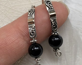 Black Onyx Dangle Earrings, Silver gold Dangle Earrings, long Dangle Earrings, Onyx Gemstone Earrings, Onyx filigree Earrings EF385X