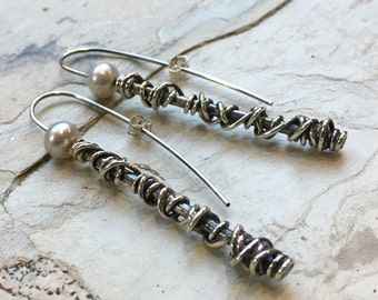 Long Sterling Silver Pearl Earrings, Wire Wrapped Earrings, Silver Stick Earrings, Statement Earrings, Long Sterling Silver Earrings K#572
