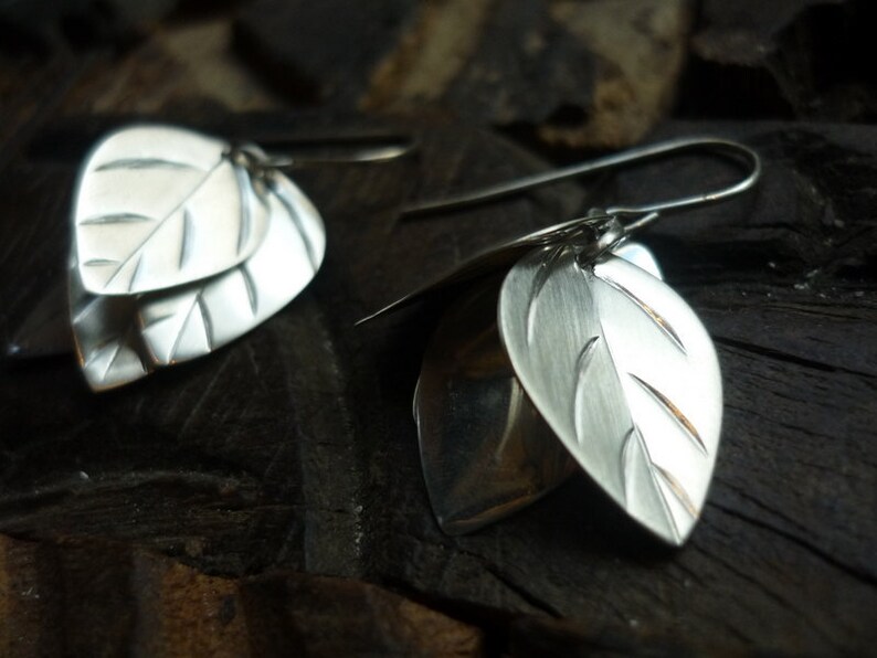 Leaf Earrings, Botanical earrings, Sterling silver Earrings, Woodland Silver Earrings, Autumn Jewelry, Leaf Shape Earring, Leaves Shape. image 2