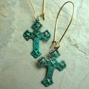 Cross Earrings, Verdigris earrings, dangle earrings, green cross earrings, christian earrings, religious earrings, symbolic earrings