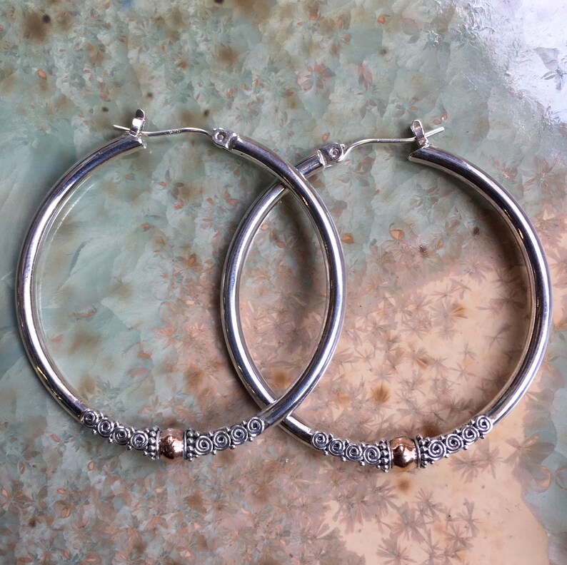 Silver Gold Earrings two tones EF801.35 Filigree Earrings large Hoop Earrings Mixed Metal Hoop Earrings Sterling Silver hoop Earrings