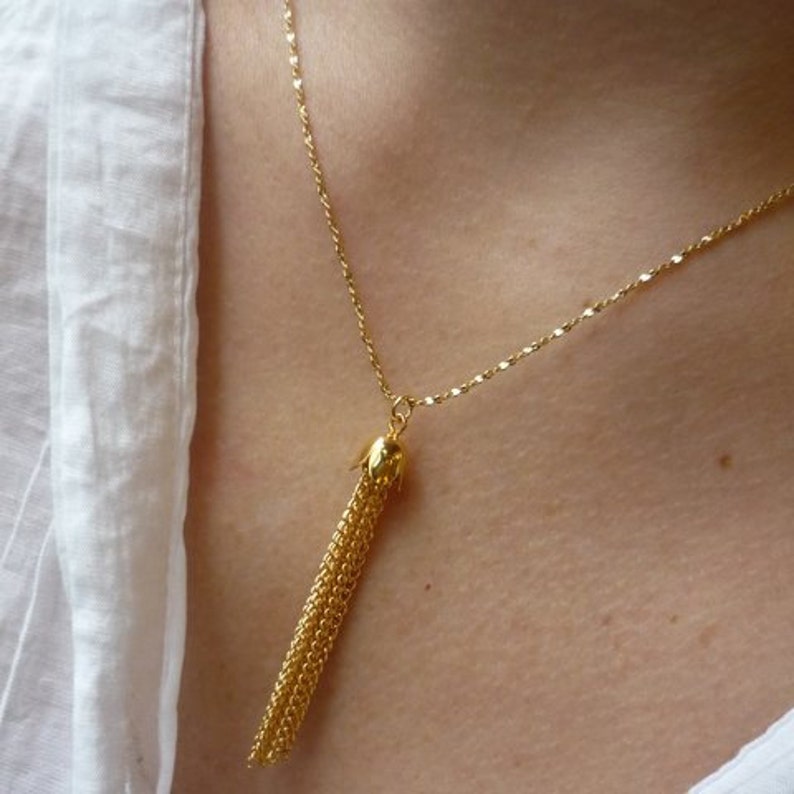 Gold Tassel necklace, Brushed Gold Plated Necklace, Fine Golden Cable Necklace, Gold Plated Chain, Elegant Necklace. image 4