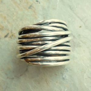 Sterling Silver Ring, Silver Wire Wrapped Ring, Wide Silver Ring, Statement Silver Ring, Woven Lines Ring, Chunky Modern Silver Band 399 image 1