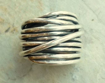 Sterling Silver Ring, Silver Wire Wrapped Ring, Wide Silver Ring, Statement Silver Ring, Woven Lines Ring, Chunky Modern Silver Band  #399