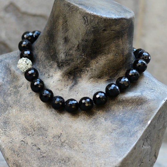 Black Stone Necklace, Shiny Onyx Faceted Necklace, Black