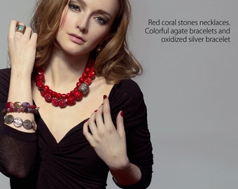 ONE Red Coral Necklace, Red Stones Statement Necklace, Chunky Coral Necklace, Red Coral with Oxidized Silver, Red Necklace, Big Coral Stones