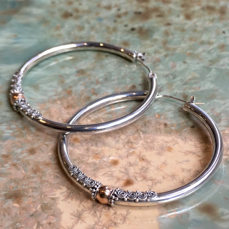 Silver Gold Earrings two tones EF801.35 Filigree Earrings large Hoop Earrings Mixed Metal Hoop Earrings Sterling Silver hoop Earrings